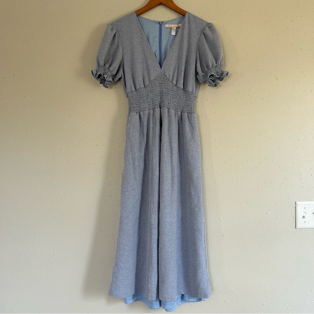 Hutch Blue V-Neck Midi Maxi Dress Puff Sleeve Formal Wedding Guest Medium Large